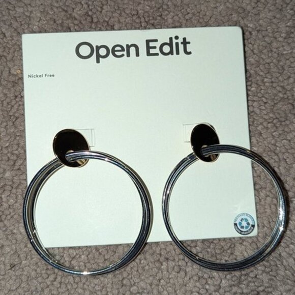 NEW Open Edit Nickel Free Rodium Drop Large Hoops Pierced Earrings Jewelry NWT - Picture 3 of 5